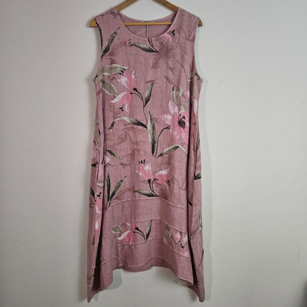Alessia Pacini Dress Small Pink Maxi Floral Linen Lagenlook Summer Grandma